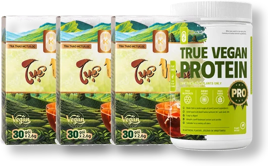 3 hộp Trà Tuệ Minh và 1 hũ True Vegan Protein