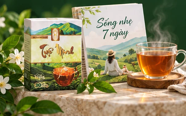 Bộ quà: hộp trà, ebook Sống nhẹ 7 ngày, tách trà và túi lọc